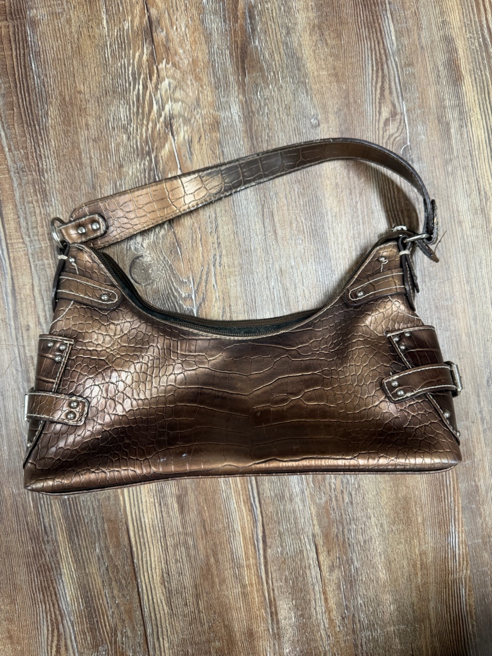 Y2k Brown crocodile skin texture leather mini bag with silver hardware